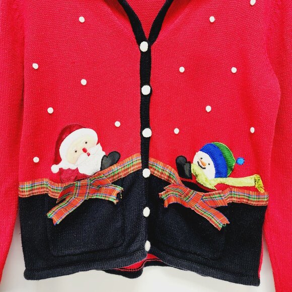 Vintage Studio Joy Christmas Cardigan Sweater With Santa & Snowman Red Size S - Picture 3 of 9